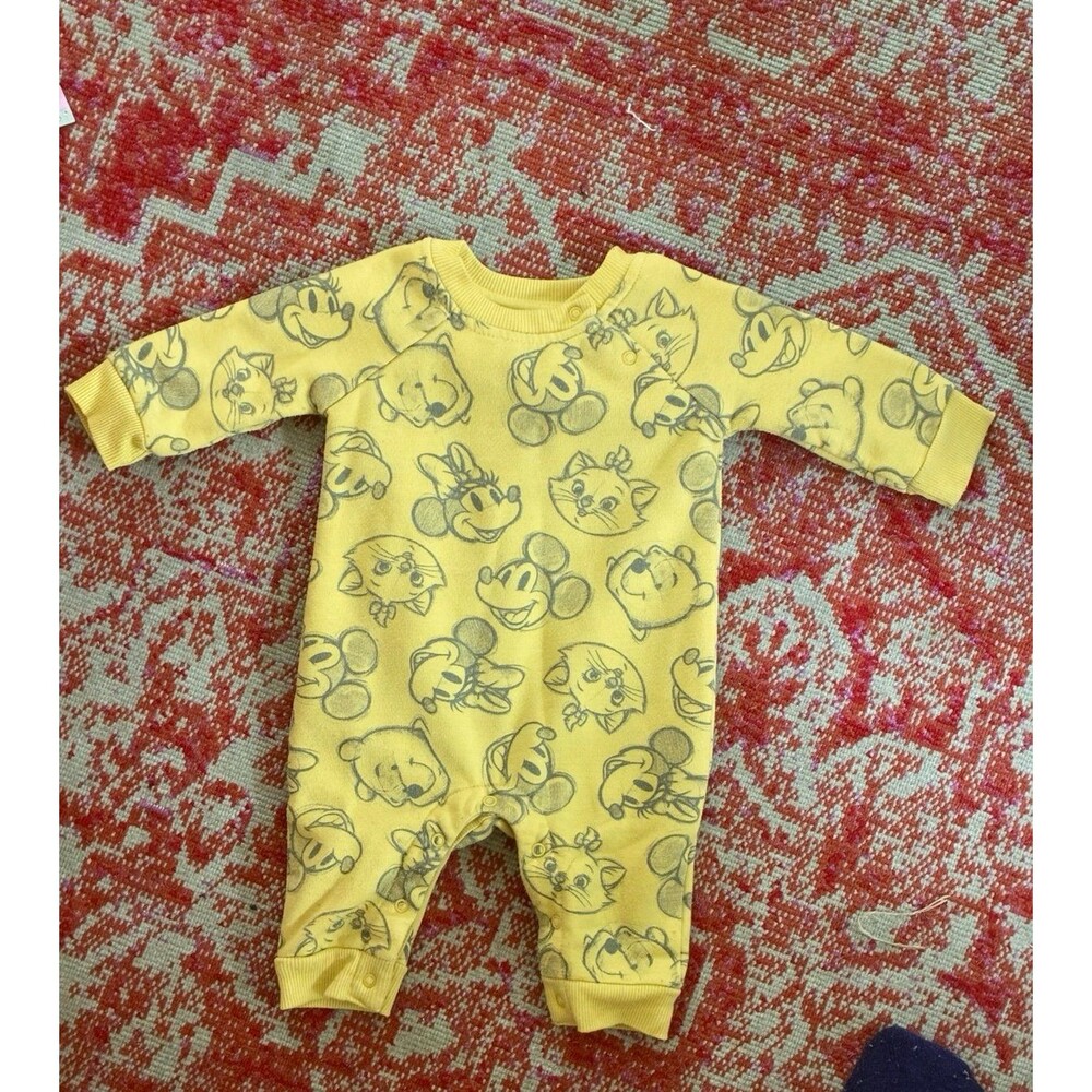 Disney 100 BodySuit Size 3/6M Yellow Character Print Pooh, Mickey, Minnie & More